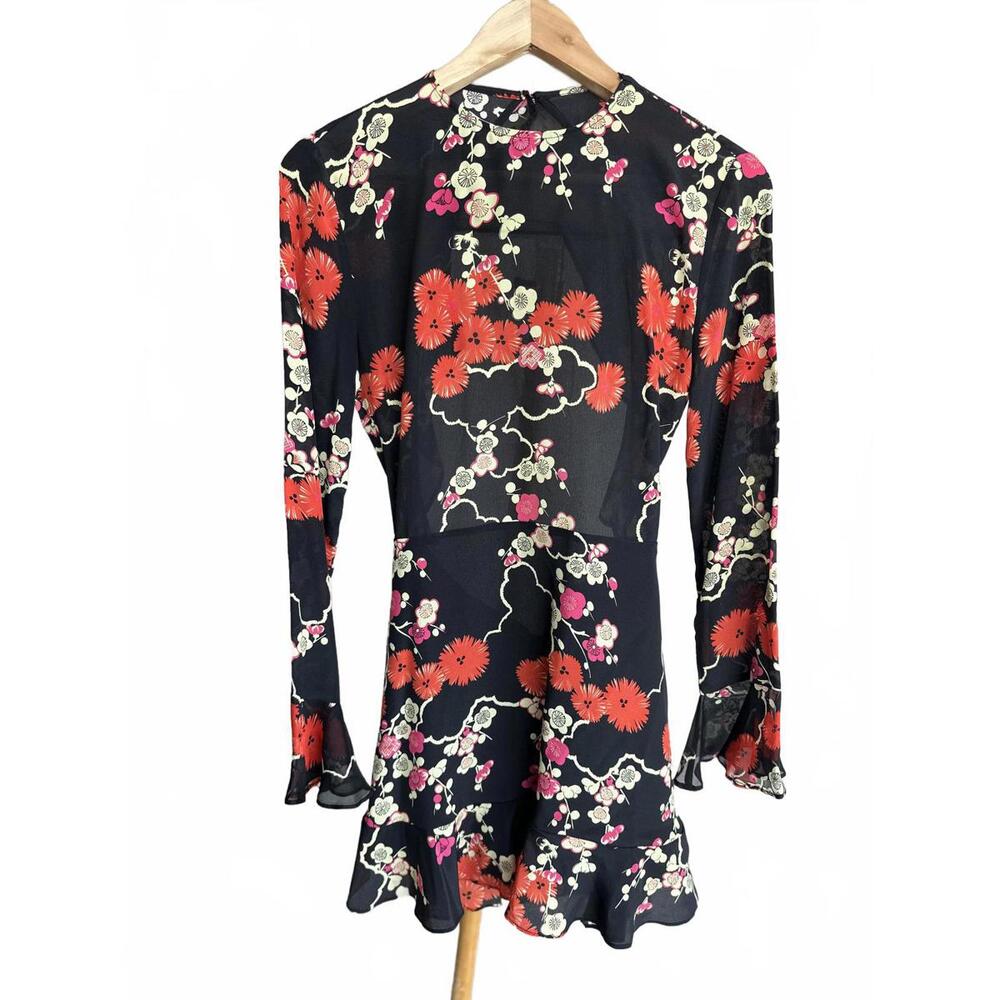 NWT Rixo Floral Chiffon Mini Dress Ruffle Hem Long Sleeve Black Size S